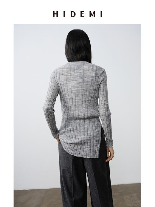 HIDEMI 极细美利奴羊毛花纱设计感前短后长开衩针织毛衣 花灰色/黑色 商品图6