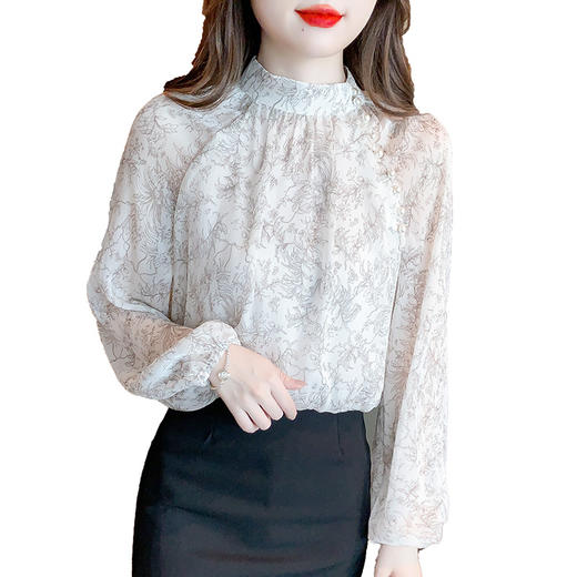 宽松显瘦，春新款立领蕾丝衫韩版荷叶领灯笼袖单排扣雪纺衫KQL-433H5601 商品图4
