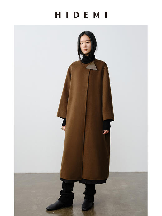 HIDEMI 几何三角形拼皮美利奴羊毛廓形大衣 长款/短款 商品图2