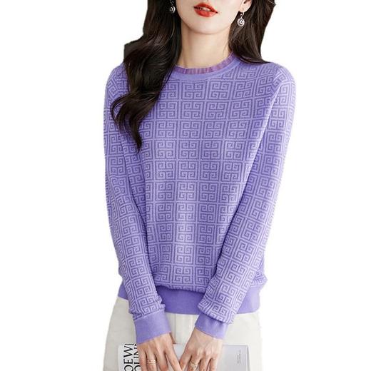 2023春装新款紫色蕾丝针织打底衫女长袖薄款气质内搭毛衣上衣 商品图4