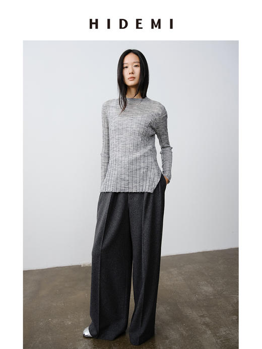 HIDEMI 极细美利奴羊毛花纱设计感前短后长开衩针织毛衣 花灰色/黑色 商品图0