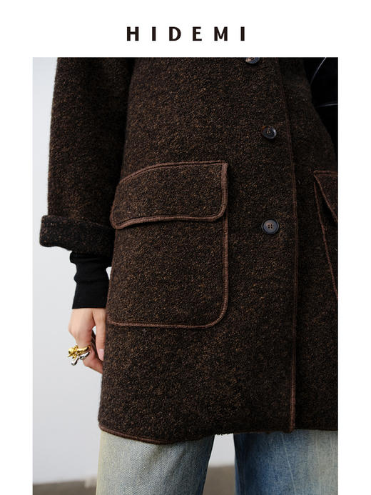 HIDEMI 澳洲美利奴羊毛花纱混纺敲边包边设计感小翻领口袋大衣外套 商品图8