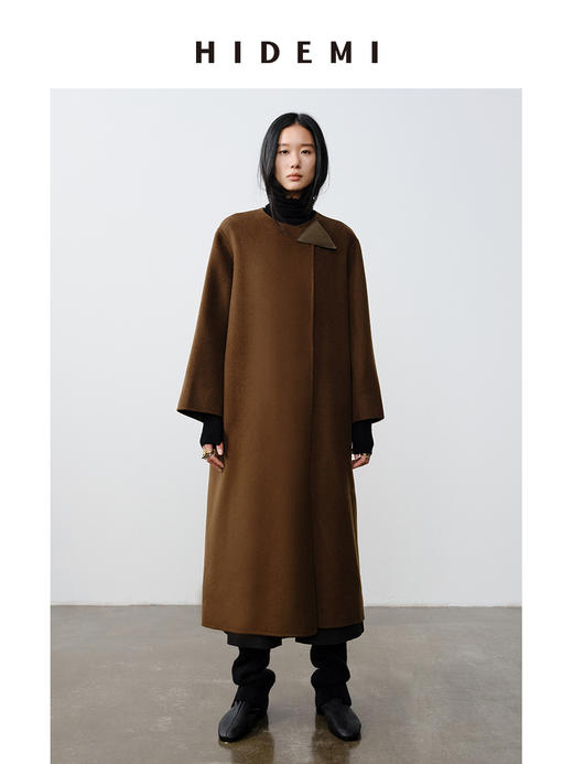 HIDEMI 几何三角形拼皮美利奴羊毛廓形大衣 长款/短款 商品图1