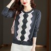 2023年新款早秋羊绒撞色针织英伦风菱格提花圆领开衫毛衣 商品缩略图1