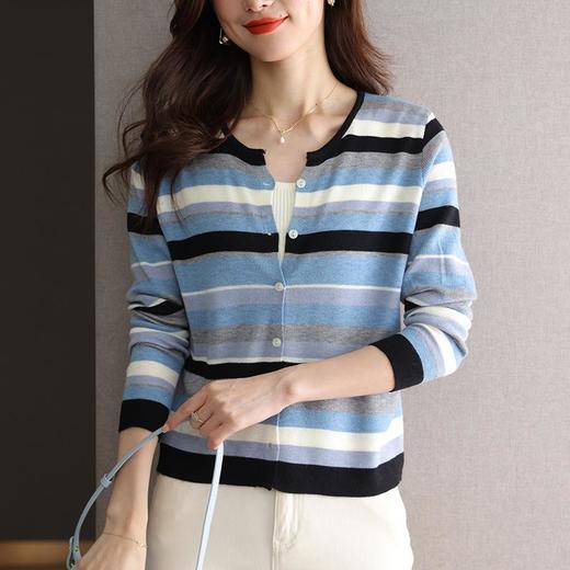 2023新款女长袖彩色针织条纹开衫 商品图0