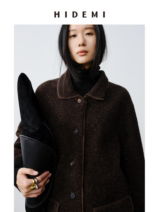 HIDEMI 澳洲美利奴羊毛花纱混纺敲边包边设计感小翻领口袋大衣外套 商品图9