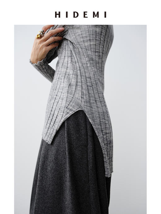 HIDEMI 极细美利奴羊毛花纱设计感前短后长开衩针织毛衣 花灰色/黑色 商品图5