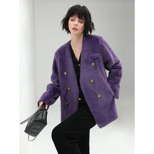 COCOBELLA【有赞】丰盈毛感环保皮草外套高奢双排扣气质裸领大衣WL56 商品图0