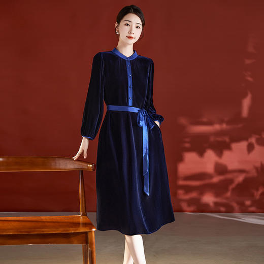 QS-82395936春秋装真丝丝绒连衣裙新款桑蚕丝贵夫人立领长袖加厚中长裙子 商品图0