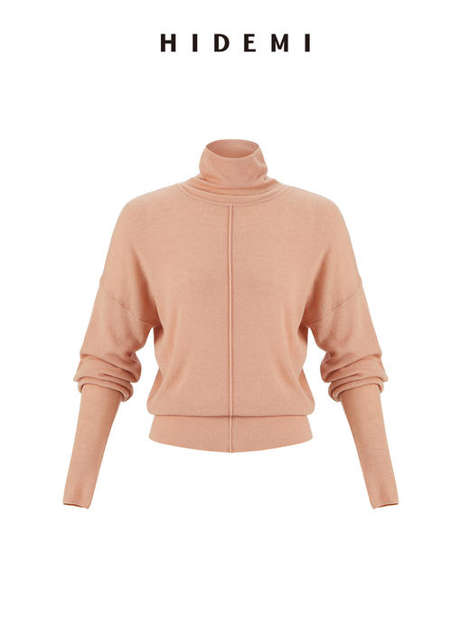 HIDEMI 美利奴羊毛极简设计感高领拼缝式廓形毛衣 裸粉色/黑色 商品图8