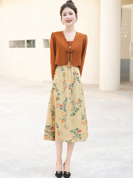 秋款时尚复古新中式风格水墨印花连衣裙小外套两件套XPH9696 商品图2