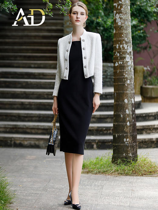 AD白色银丝粗花呢小香风外套女短款上衣时尚名媛两件套连衣裙套装 商品图1