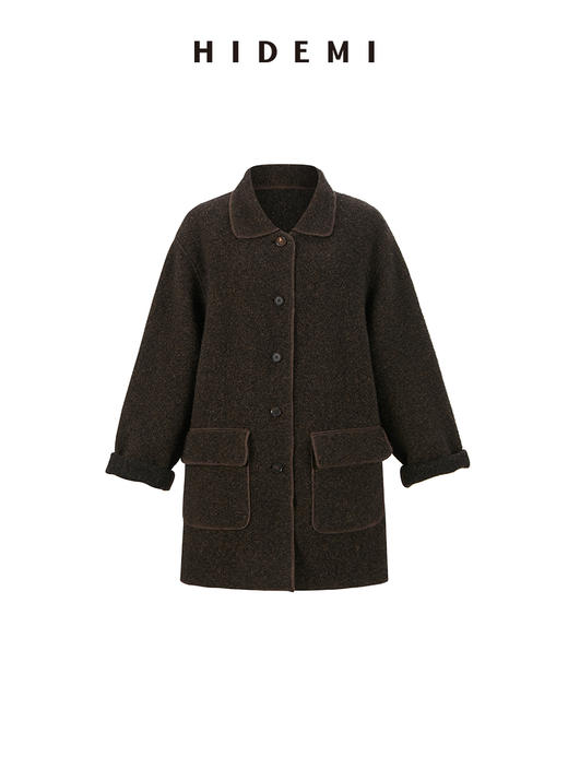 HIDEMI 澳洲美利奴羊毛花纱混纺敲边包边设计感小翻领口袋大衣外套 商品图11