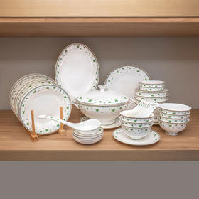 品物攸宜唐山骨瓷 清新绿翡翠10人用42头中式餐具礼品套装