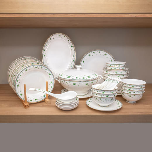 品物攸宜唐山骨瓷 清新绿翡翠10人用42头中式餐具礼品套装 商品图0