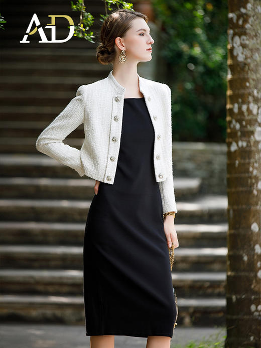 AD白色银丝粗花呢小香风外套女短款上衣时尚名媛两件套连衣裙套装 商品图3