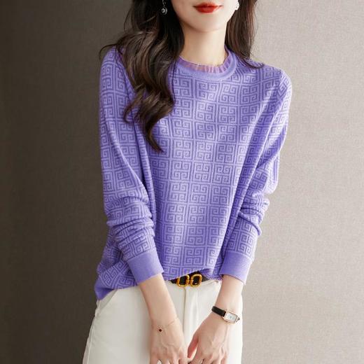 2023春装新款紫色蕾丝针织打底衫女长袖薄款气质内搭毛衣上衣 商品图1