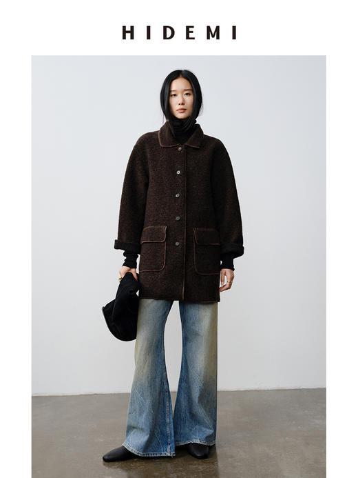 HIDEMI 澳洲美利奴羊毛花纱混纺敲边包边设计感小翻领口袋大衣外套 商品图3