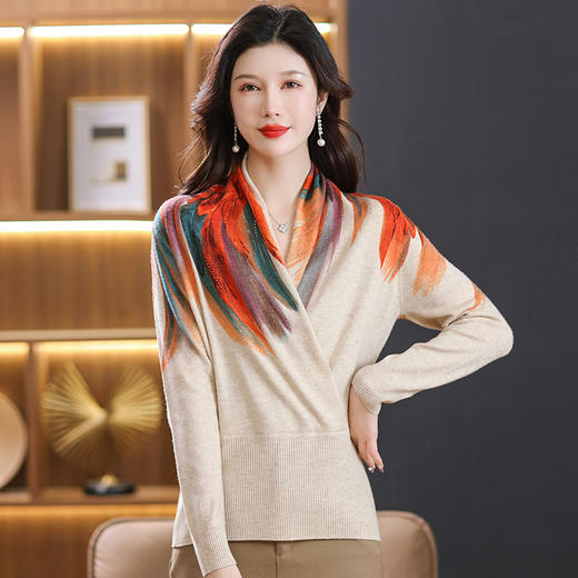国风印花100纯羊毛女士v领毛衣，春秋洋气妈妈羊毛衫针织打底衫CC-DD-23910 商品图0