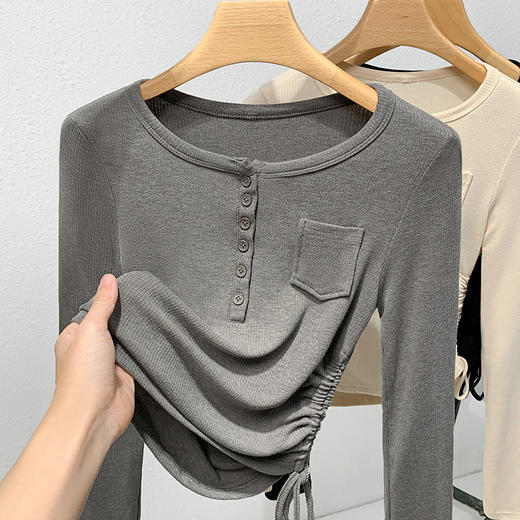 薄款打底衫女，新款欧货女装纯色圆领长袖t恤收腰内搭抽绳上衣SG-DY331997 商品图8