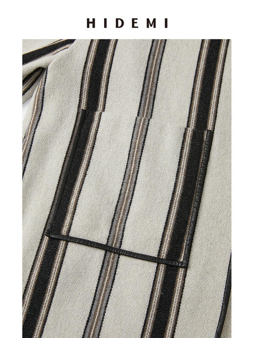 HIDEMI 色织条纹澳洲羊毛不对称口袋皮边镶嵌工艺极简设计感oversize大衣 商品图5