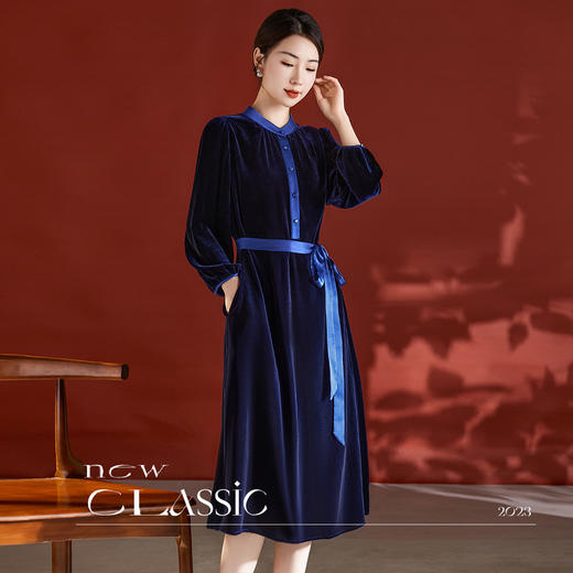 QS-82395936春秋装真丝丝绒连衣裙新款桑蚕丝贵夫人立领长袖加厚中长裙子 商品图5