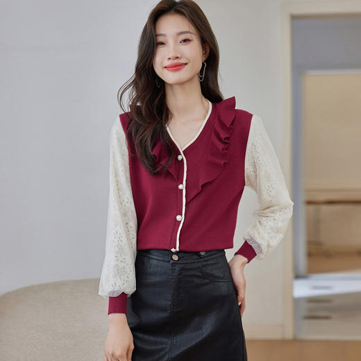 CC-22-8246木耳边v领上衣女秋季2023新款洋气设计感蕾丝针织衫t恤内搭打底衫 商品图2