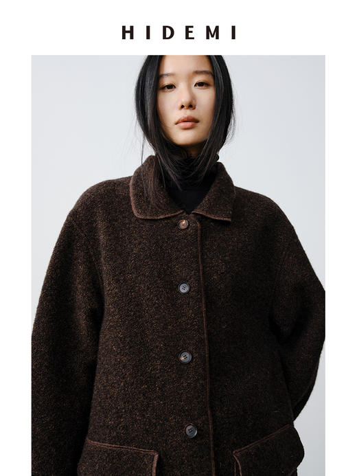 HIDEMI 澳洲美利奴羊毛花纱混纺敲边包边设计感小翻领口袋大衣外套 商品图5