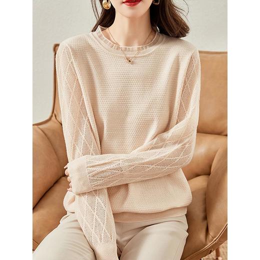 2023春装新款女紫色蕾丝网纱袖针织衫修身显瘦洋气小衫打底上衣 商品图1