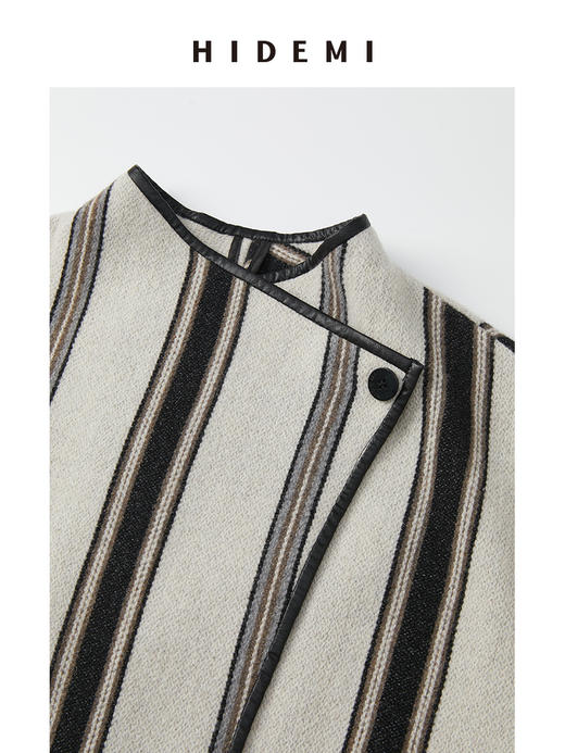 HIDEMI 色织条纹澳洲羊毛不对称口袋皮边镶嵌工艺极简设计感oversize大衣 商品图4