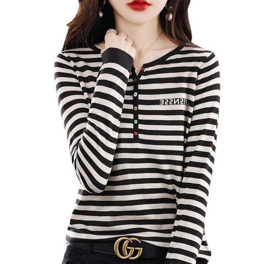 条纹针织衫女春秋装新款韩版洋气圆领套头内搭长袖打底上衣 商品图4