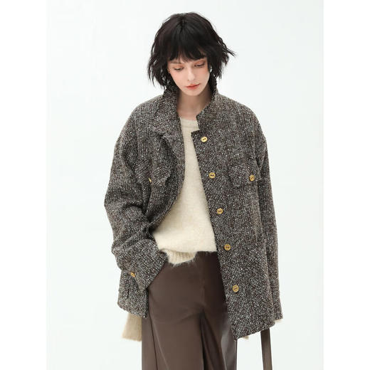 COCOBELLA静奢风亮片花纱毛呢外套金属扣休闲毛边外套WL507 商品图3