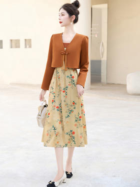 秋款时尚复古新中式风格水墨印花连衣裙小外套两件套XPH9696