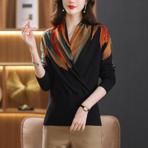 国风印花100纯羊毛女士v领毛衣，春秋洋气妈妈羊毛衫针织打底衫CC-DD-23910 商品图6