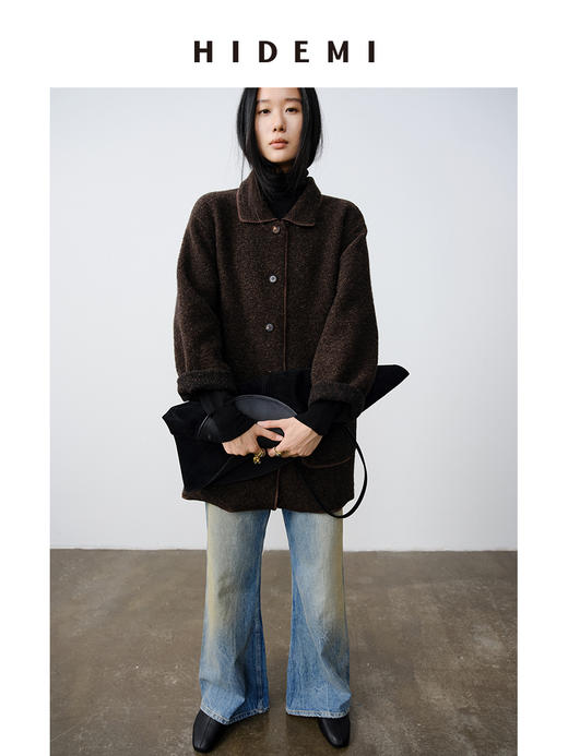HIDEMI 澳洲美利奴羊毛花纱混纺敲边包边设计感小翻领口袋大衣外套 商品图10