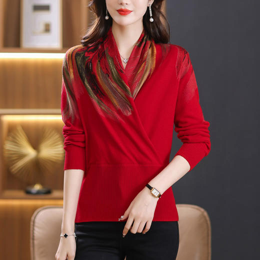 国风印花100纯羊毛女士v领毛衣，春秋洋气妈妈羊毛衫针织打底衫CC-DD-23910 商品图5