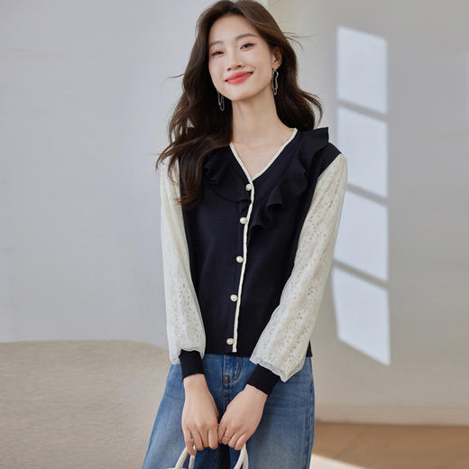 CC-22-8246木耳边v领上衣女秋季2023新款洋气设计感蕾丝针织衫t恤内搭打底衫 商品图3