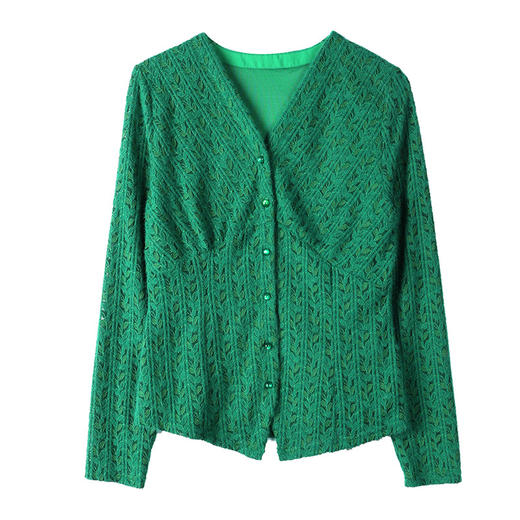 女士外套新款蕾丝V领镂空开衫，流行洋气秋季时尚百搭提花衬衣KQL-A83N6671 商品图4