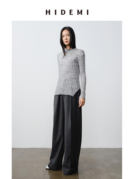 HIDEMI 极细美利奴羊毛花纱设计感前短后长开衩针织毛衣 花灰色/黑色 商品图4