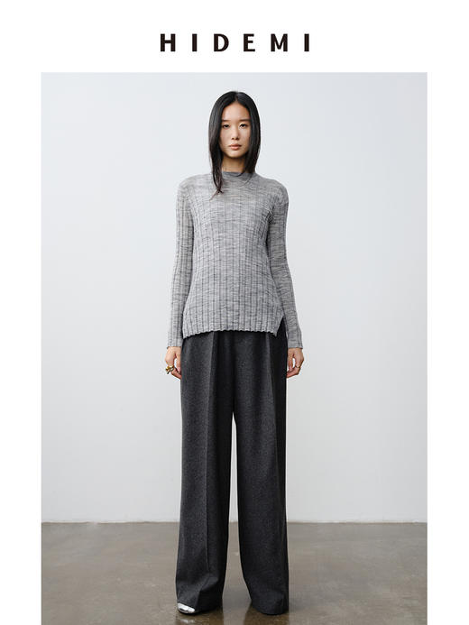 HIDEMI 极细美利奴羊毛花纱设计感前短后长开衩针织毛衣 花灰色/黑色 商品图3