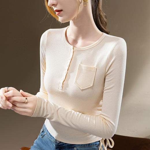 薄款打底衫女，新款欧货女装纯色圆领长袖t恤收腰内搭抽绳上衣SG-DY331997 商品图3