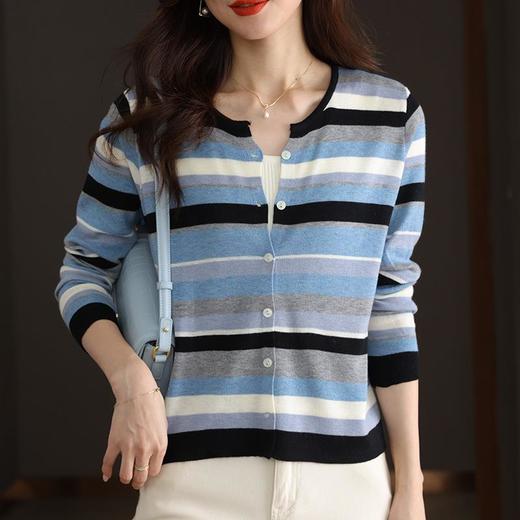 2023新款女长袖彩色针织条纹开衫 商品图1