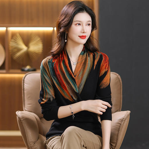 国风印花100纯羊毛女士v领毛衣，春秋洋气妈妈羊毛衫针织打底衫CC-DD-23910 商品图3