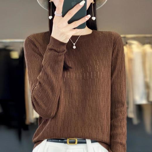 2023春秋跨境女式针织衫韩版圆领镂空精纺羊毛打底衫宽松毛衣 商品图0