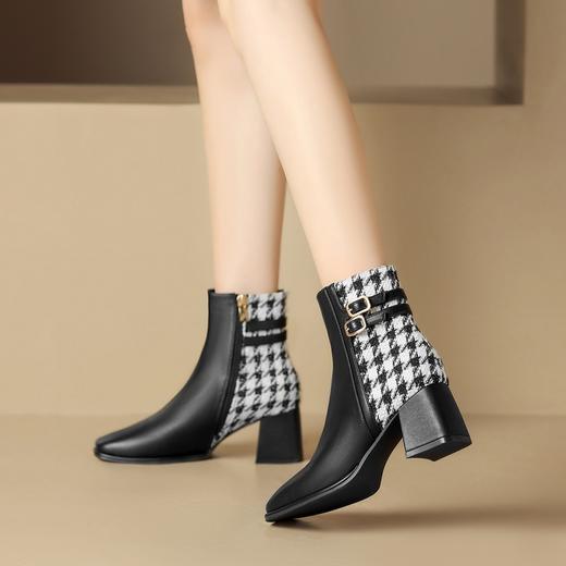 ZHR粗跟短靴女2023秋冬新款马丁靴简约英伦风千鸟格拼接摩登短靴 商品图3