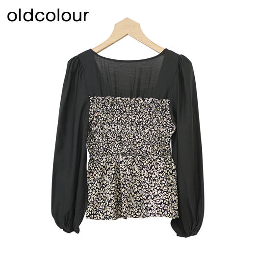 oldcolour黑色碎花连衣裙秋季新款方领拼接中长裙女GO31013029 商品图1