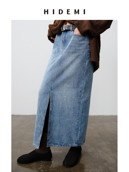 HIDEMI 水洗牛仔龟裂纹口袋开衩式丹宁系列半身裙 商品图0