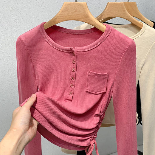 薄款打底衫女，新款欧货女装纯色圆领长袖t恤收腰内搭抽绳上衣SG-DY331997 商品图5