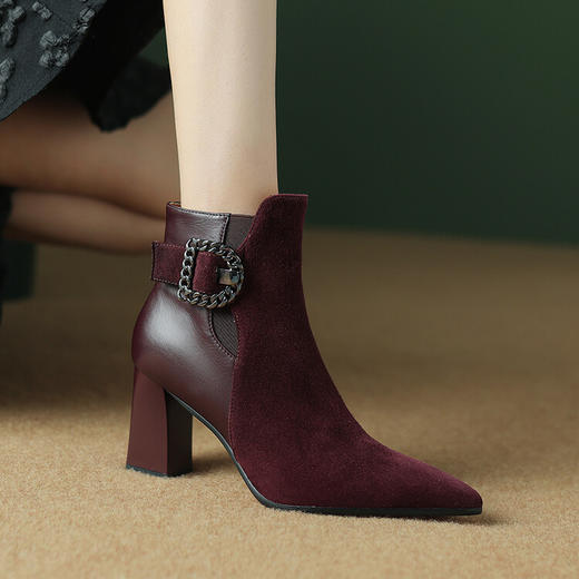 尖头拼接，复古皮带扣高粗跟短靴ZF3808 商品图0