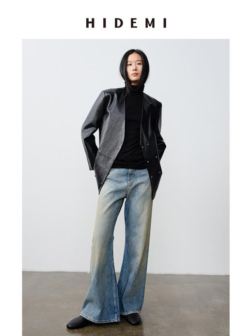 HIDEMI 【刘雯同款】复古多道水洗做旧感裂纹宽松喇叭直筒中低腰牛仔裤 商品图4